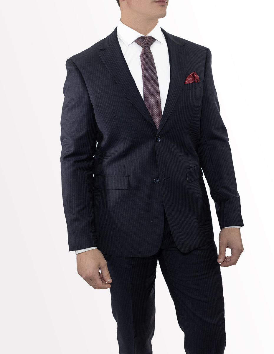 Men's Navy Chalk Stripe Wool Slim Fit Suit Karako Suits