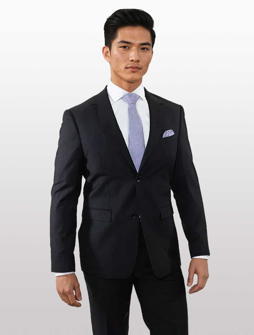 Men's Black Textured Chalk Stripe Wool Slim Fit Suit Karako Suits Men's Black Textured Chalk Stripe Wool Slim Fit Suit Karako Suits