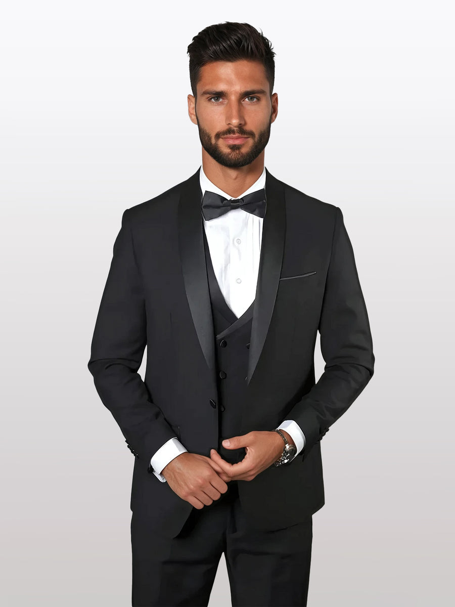 Men'S Two Toned Full Lapel Shawl Black Tuxedo Wool Fabric Suit
