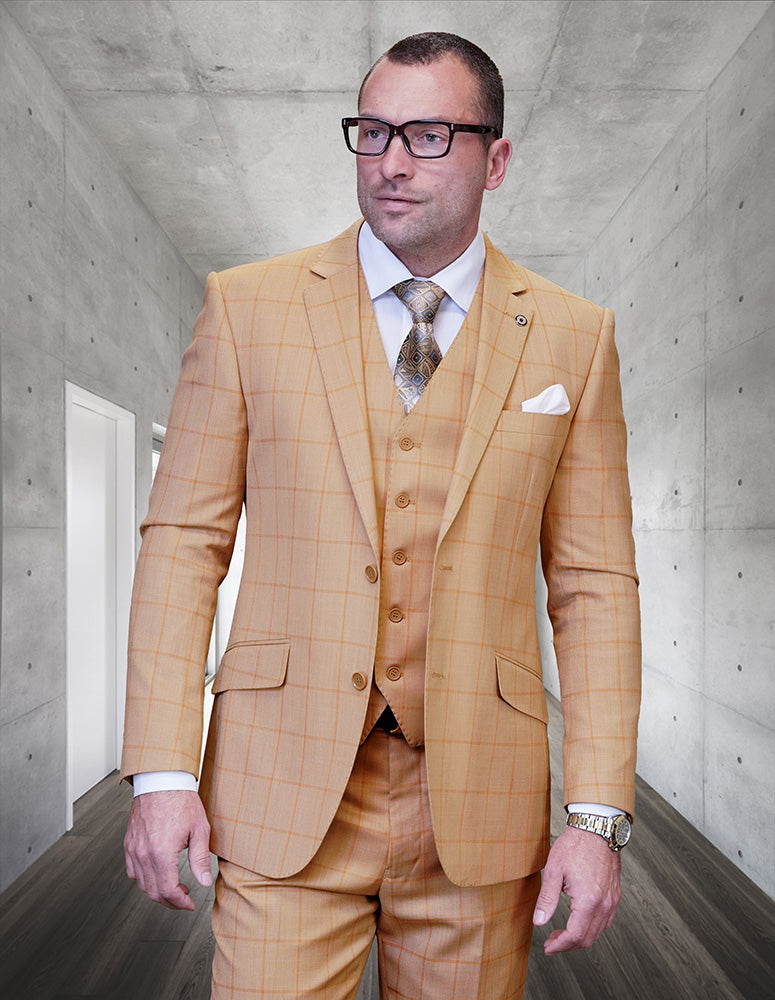 Statement Men's Camel Windowpane Modern Fit Vested Suit Karako Suits