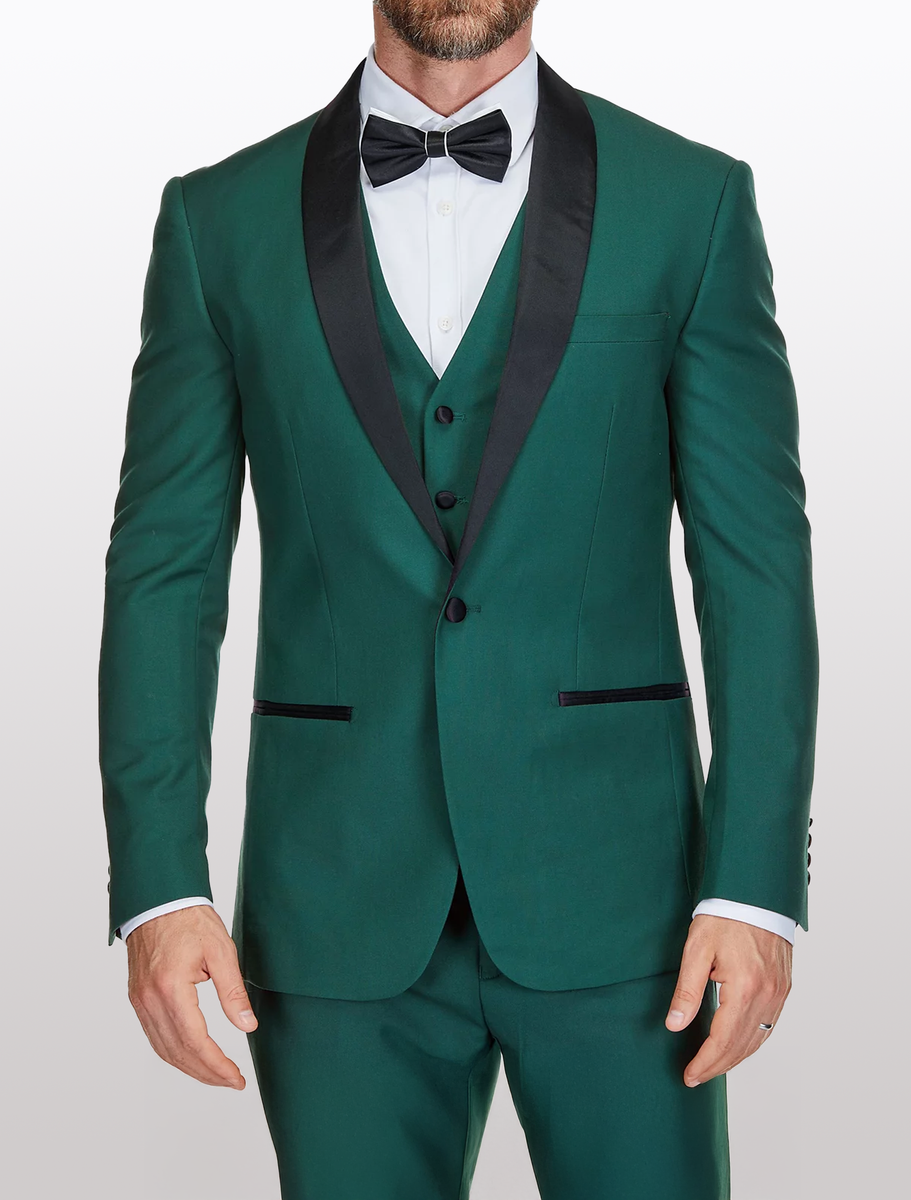 SKU#JA61468 Emerald Green Tuxedo - Hunter Green Tuxedo Velvet Lapel, Velvet Vest with Gold Button and Side Trim on the Pants main image 0