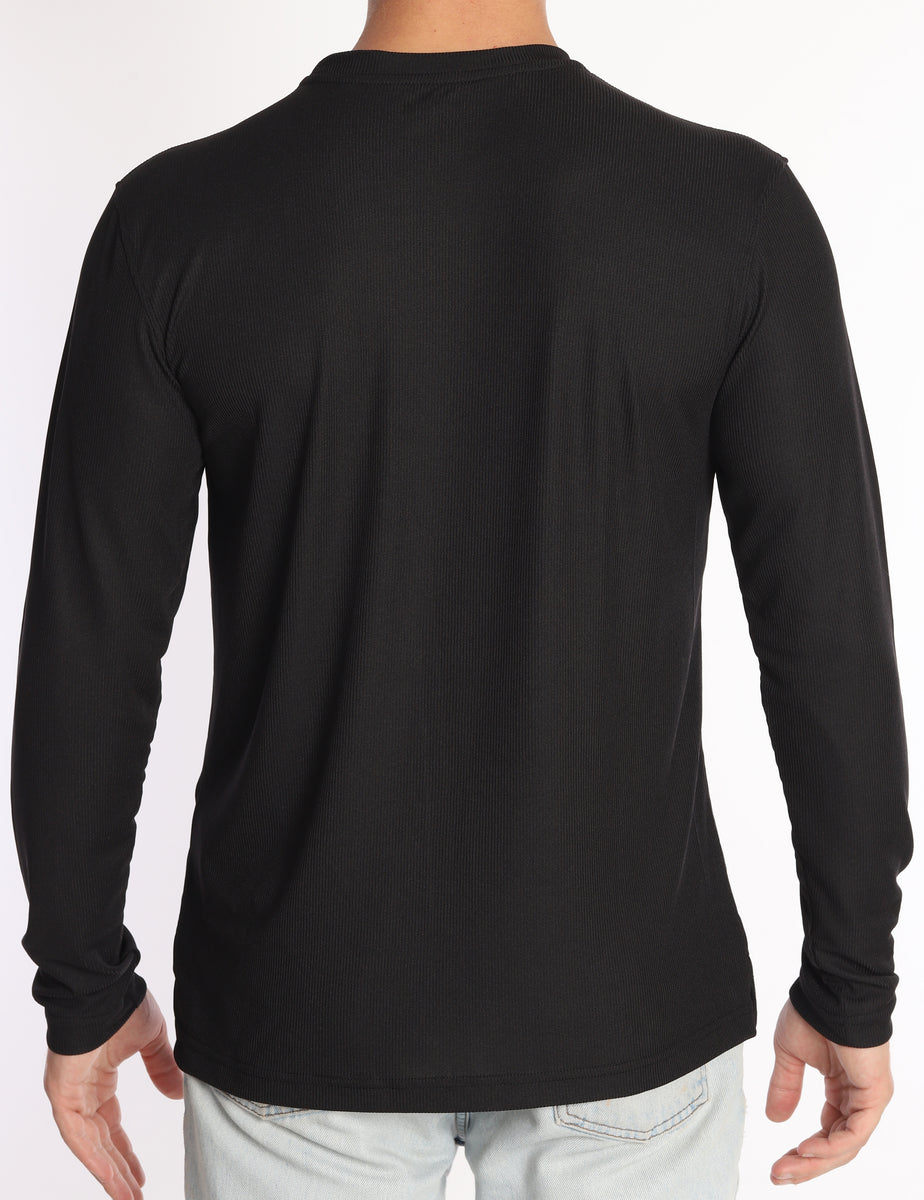 Men's Black Crew Neck Ribbed Long Sleeve Shirt Karako Suits