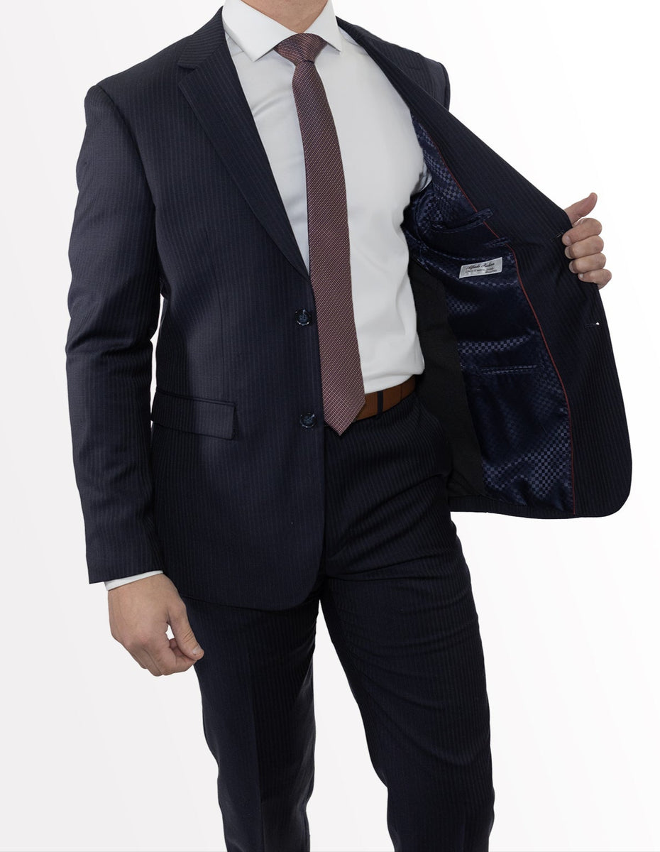 Men's Navy Chalk Stripe Wool Slim Fit Suit Karako Suits