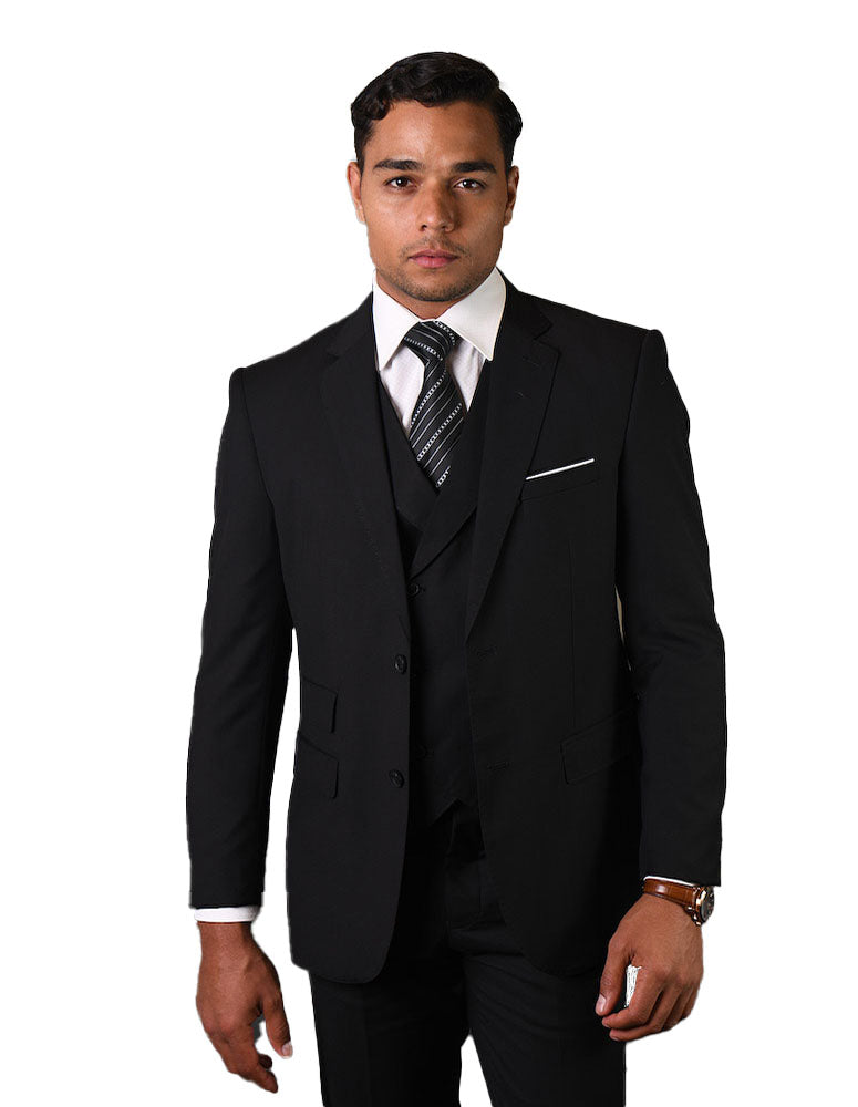 Statement Mens Black Modern Fit 100 Wool Vested Suit Karako Suits