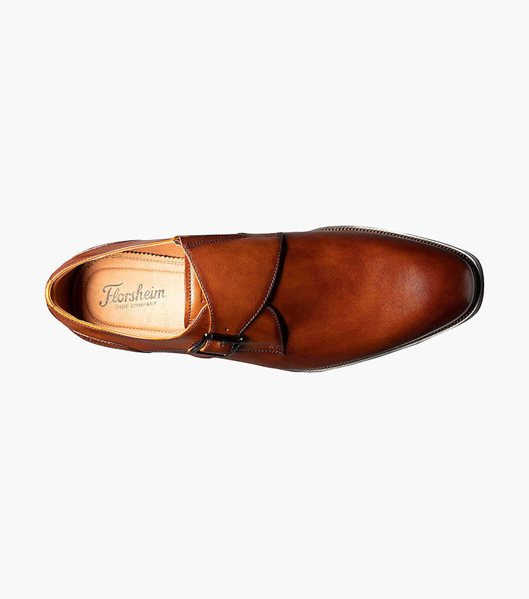 A Florsheim Cognac Plain Toe Single Monk Strap Shoe with a leather upper and sole.