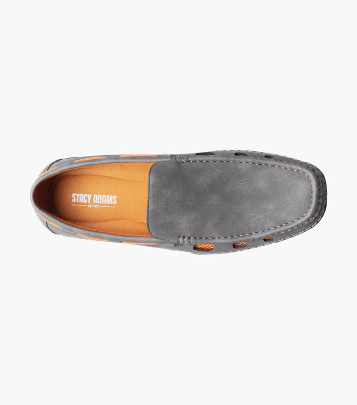 The Stacy Adams Grey Delray Moc Toe Slip On Shoes is a comfortable grey slip-on shoe with orange soles, perfect for summer style.
