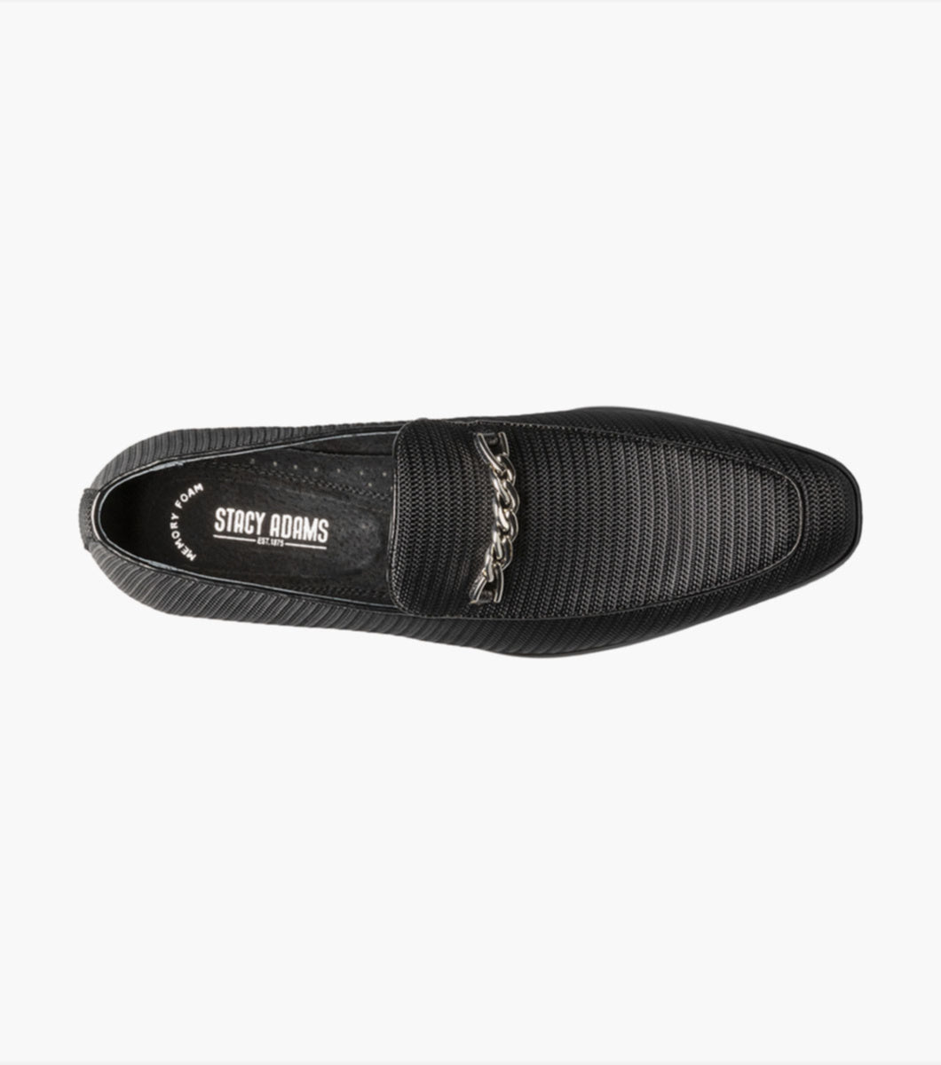 A Stacy Adams Black Tazio Moc Toe Bit Slip-on Shoes, with a chain on the side, featuring a Memory Foam footbed for ultimate comfort.