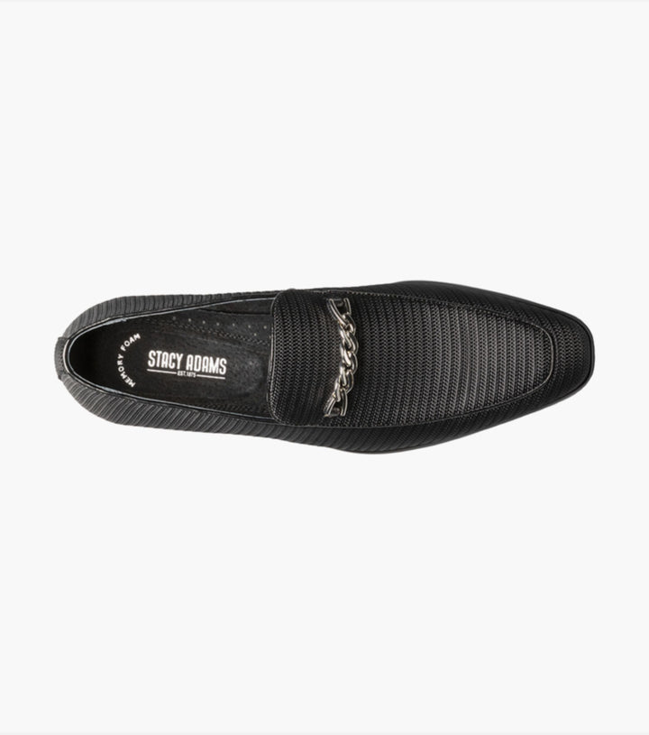 A Stacy Adams Black Tazio Moc Toe Bit Slip-on Shoes, with a chain on the side, featuring a Memory Foam footbed for ultimate comfort.