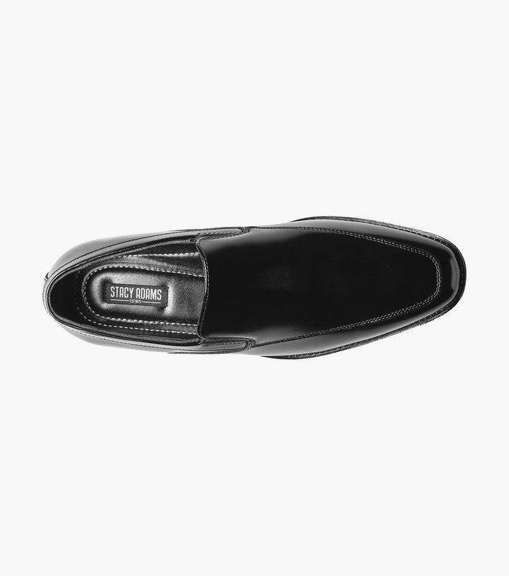 A modern Stacy Adams Black Aldrich Moc Toe Slip On Shoes with clean lines against a white background.
