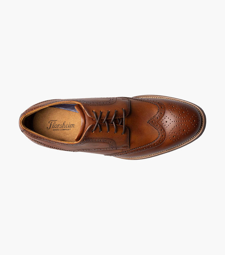 A Florsheim Cognac Wingtip Oxford Shoe in genuine leather on a white background.