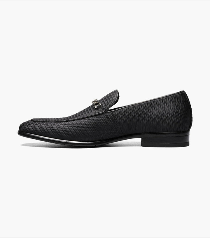 A Stacy Adams Black Tazio Moc Toe Bit Slip-on Shoes featuring a textured knit fabric upper and a Memory Foam footbed.