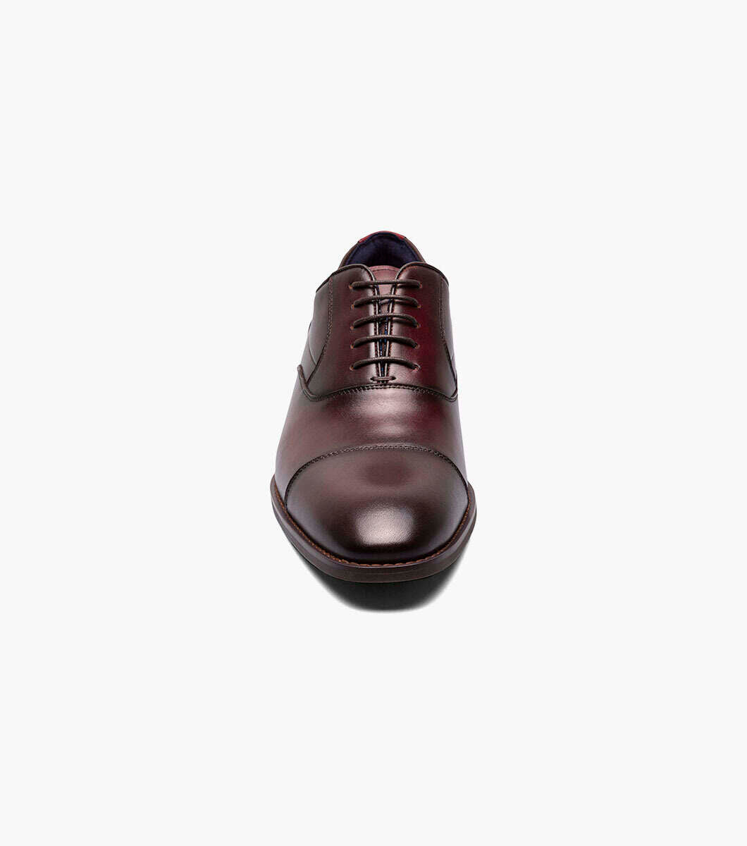 A Stacy Adams Burgundy Kallum Cap Toe Oxford shoe on a white background.