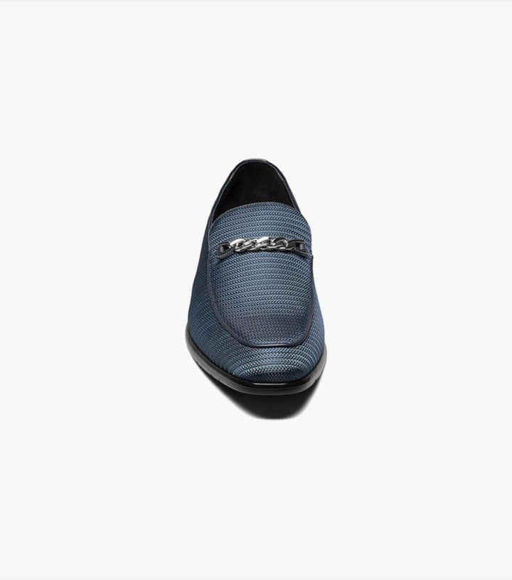 A Stacy Adams Navy Tazio Moc Toe Bit Slip-on shoe on a white background featuring Memory Foam.