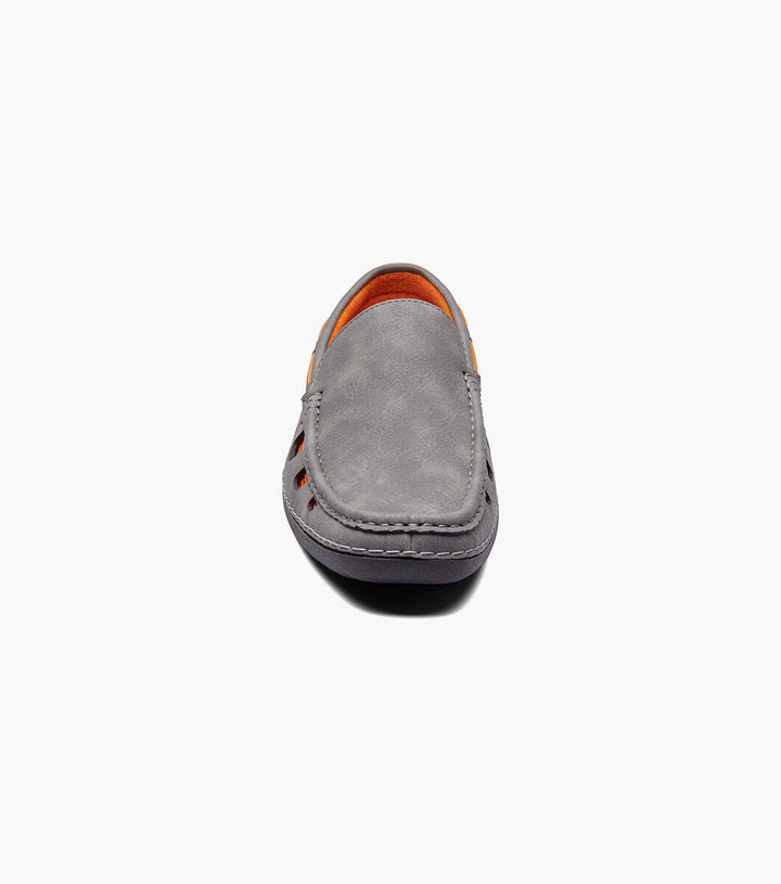 A pair of comfortable Stacy Adams Grey Delray Moc Toe Slip On Shoes featuring a summer style, showcased against a white background.