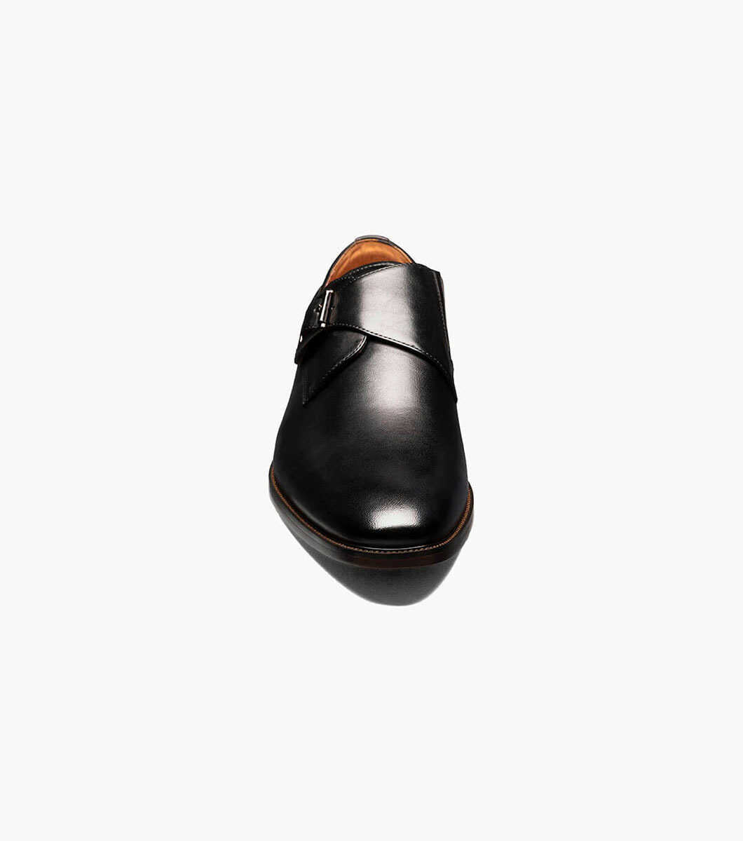 A Florsheim Black Plain Toe Single Monk Strap Shoe on a white background.