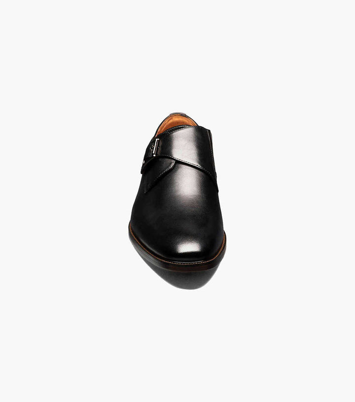 A Florsheim Black Plain Toe Single Monk Strap Shoe on a white background.