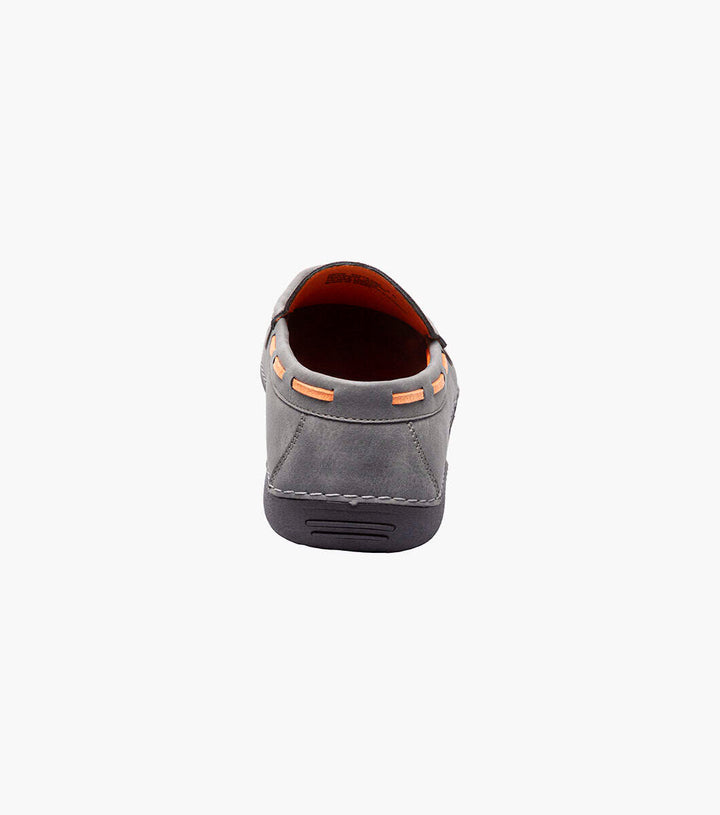 A pair of Stacy Adams Grey Delray Moc Toe Slip On Shoes with orange detailing, perfect for summer style and providing comfort.