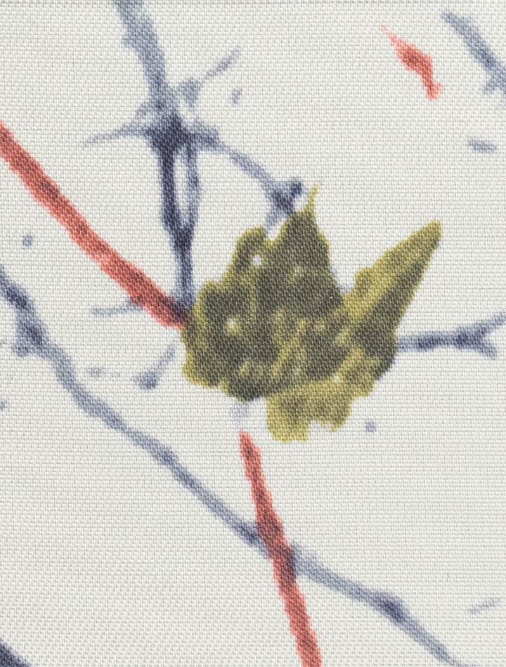 Close-up of fabric with an abstract design featuring a green leaf-like shape crossed by red and blue lines on white, ideal for crafting a modern look or adding flair to the FUBU Berry Blue Vested Suit from Fubu The Colle.