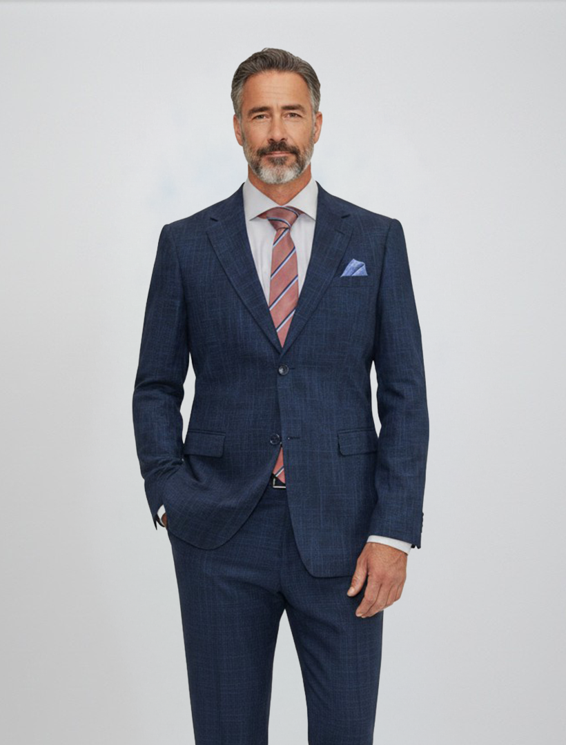 A man with gray hair and beard wears the Gianco Ferro Men’s Blue with Black Pattern Slim Fit Suit, paired with a white dress shirt and a pink striped tie, standing against a plain light background.