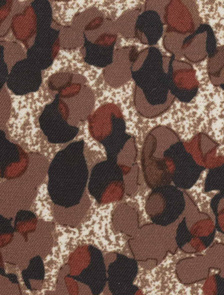 Close-up of FUBU Oat Grey with Brown Windowpane fabric by Fubu The Colle, featuring an abstract pattern of brown, black, and red on a textured beige background, ideal for crafting a slim fit suit.