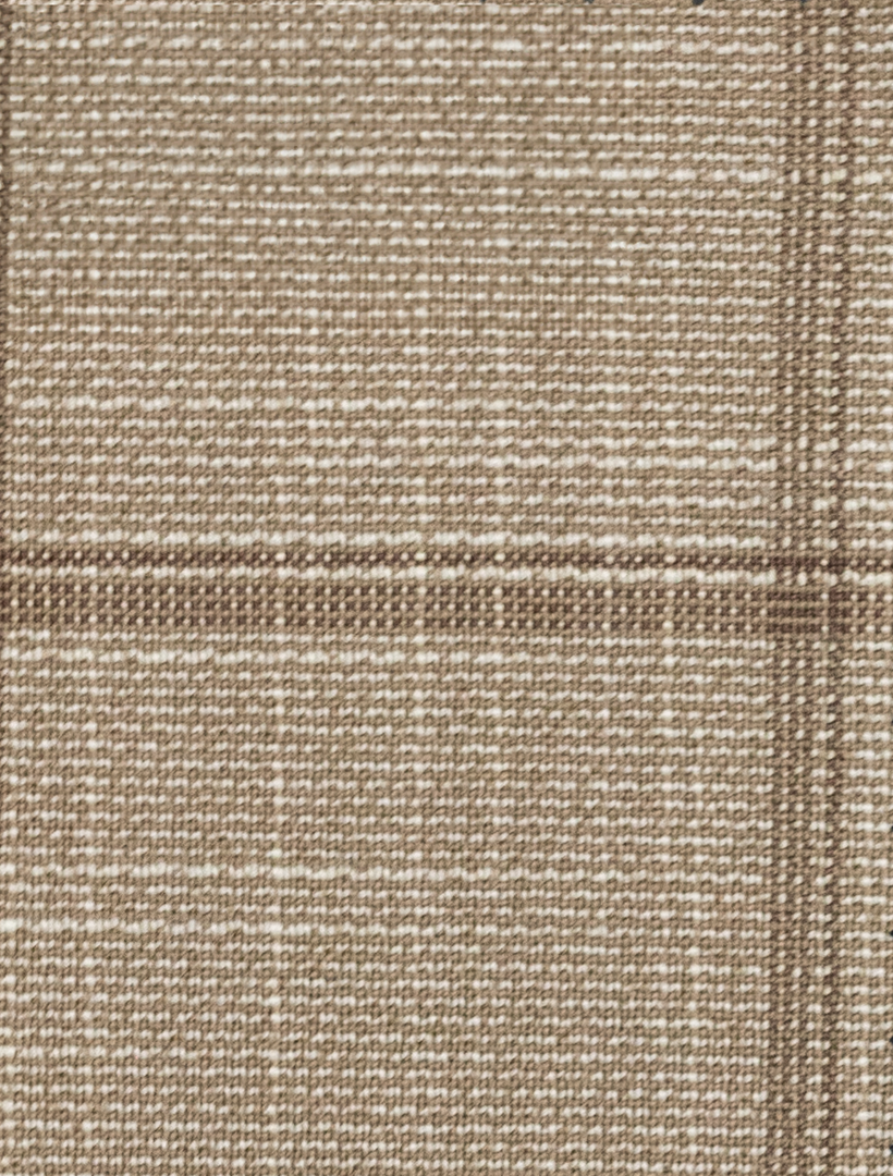 Close-up of the FUBU Camel with Mocha Windowpane fabric, featuring beige and brown checkered patterns by Fubu The Colle, ideal for crafting a modern fit suit.