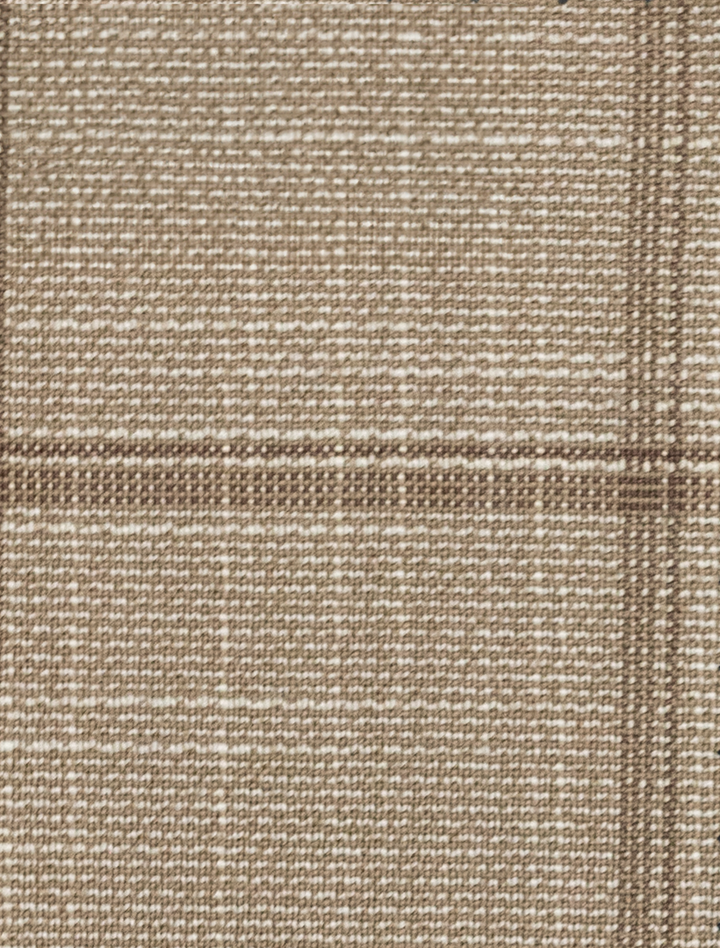 Close-up of the FUBU Camel with Mocha Windowpane fabric, featuring beige and brown checkered patterns by Fubu The Colle, ideal for crafting a modern fit suit.