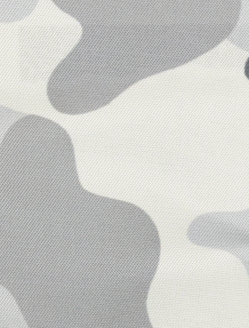 The FUBU Camel with Mocha Windowpane 2-Piece Suit by Fubu The Colle offers a modern fit with its gray and white camouflage pattern, featuring various irregular shapes.