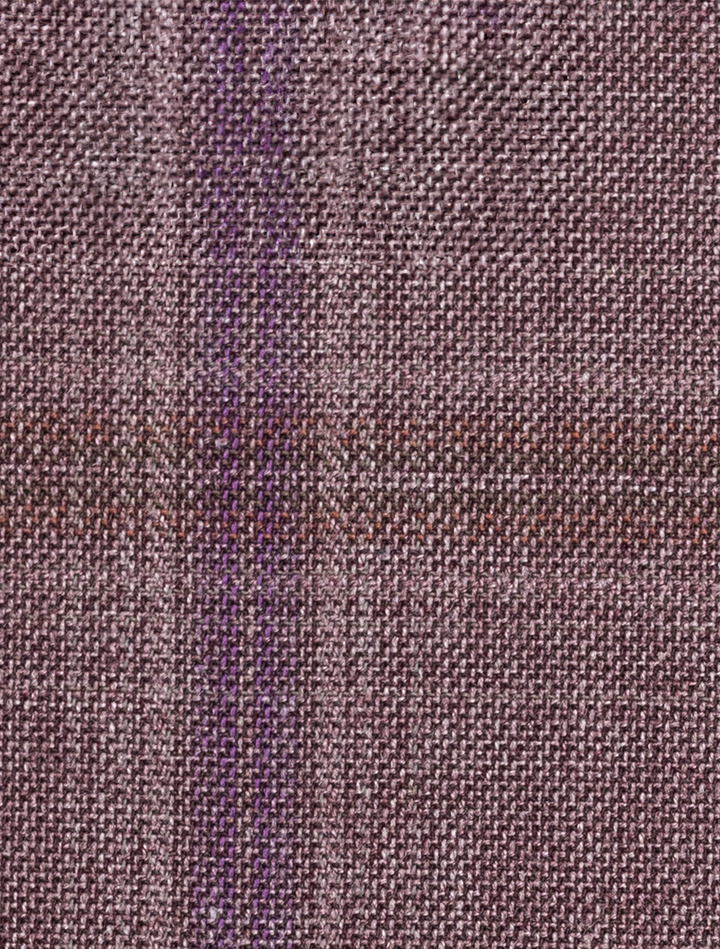 Close-up of the FUBU Mauve Taupe with Purple Windowpane Vested Suit by Fubu The Colle, featuring maroon and purple plaid fabric with a textured weave, perfect for crafting a modern fit suit.