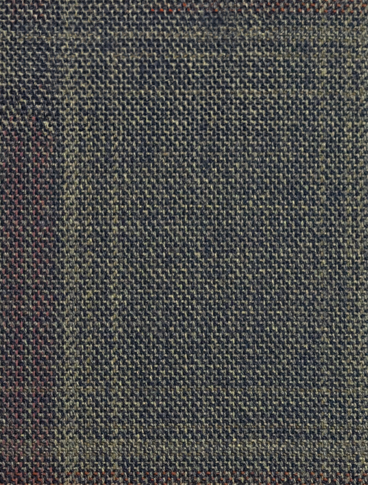Close-up of textured dark green and brown fabric featuring a grid pattern, perfect for the FUBU Olive with Mahogany Windowpane 2-Piece Suit by Fubu The Colle. The finely interwoven high-quality Tetron Rayon creates a subtle checkered design ideal for a slim fit.
