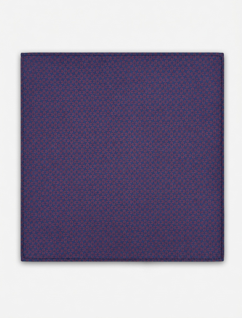 The Navy with Burgundy Arrow Pocket Square Handkerchief by Karako Collecti is a square navy microfiber accessory featuring a subtle repeating burgundy arrow motif, shown flat against a white background—a refined addition to any gentleman’s formal collection.