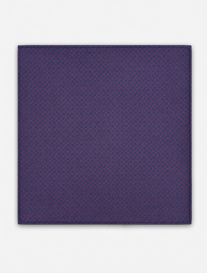 The Navy with Burgundy Arrow Pocket Square Handkerchief by Karako Collecti is a square navy microfiber accessory featuring a subtle repeating burgundy arrow motif, shown flat against a white background—a refined addition to any gentleman’s formal collection.