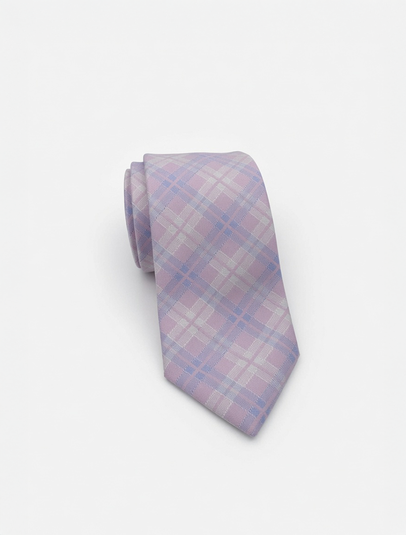 A Pink with Blue and White Windowpane Patterned Microfiber Tie by Karako Collecti, rolled up on a plain white background—an ideal accessory for men's suits or as a stylish wedding tie.