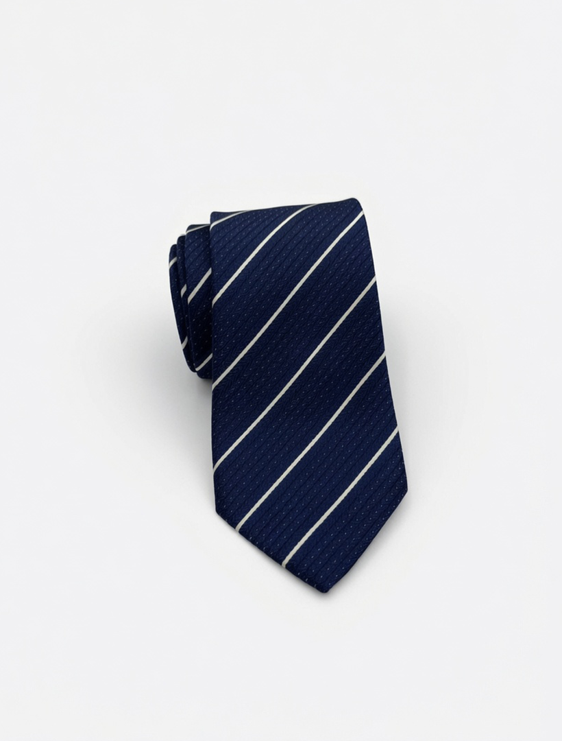 A Navy with Gold Awning Patterned Microfiber Tie from Karako Collecti, rolled at the top and displayed against a plain white background—a stylish men’s suit accessory perfect as a wedding tie or for formal occasions.