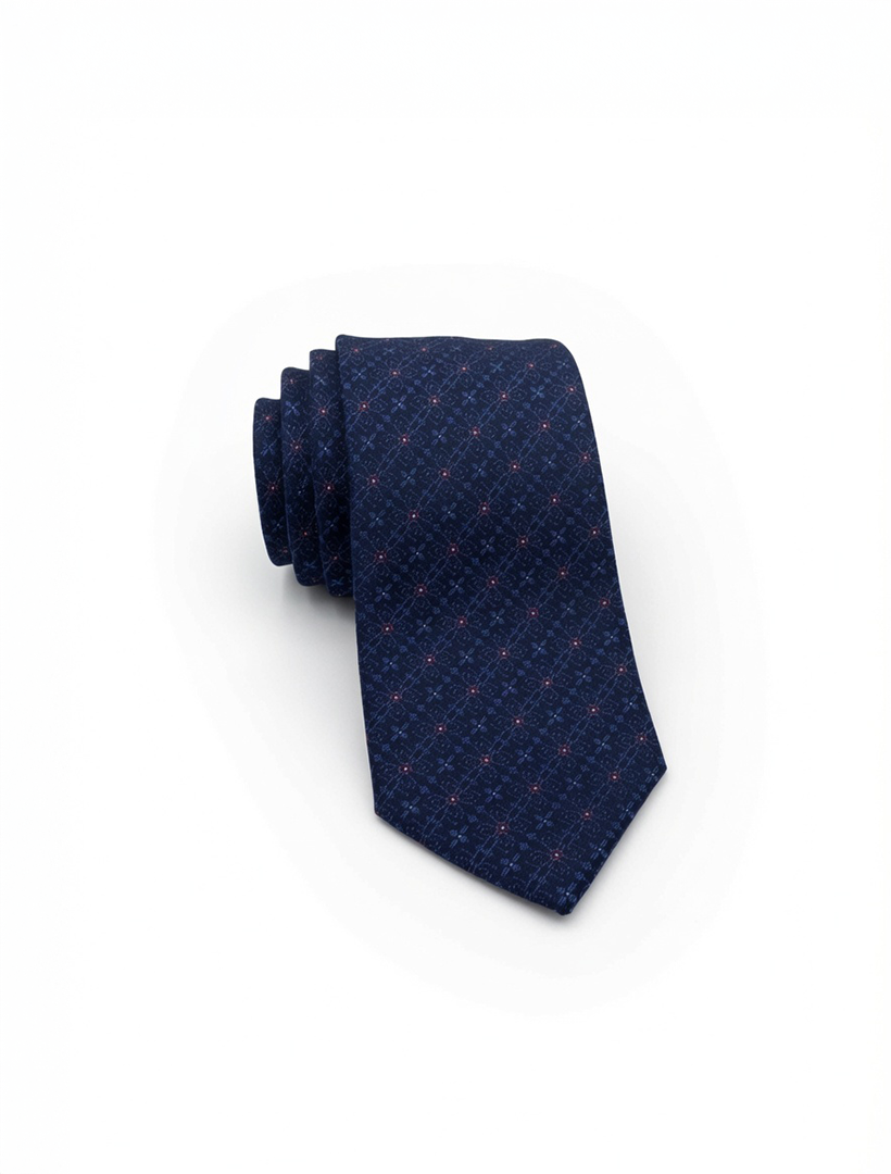 A neatly rolled Navy and Fuchsia Floral Patterned Microfiber Tie by Karako Collecti, displayed on a plain white background—an elegant wedding accessory that pairs perfectly with suits for men.