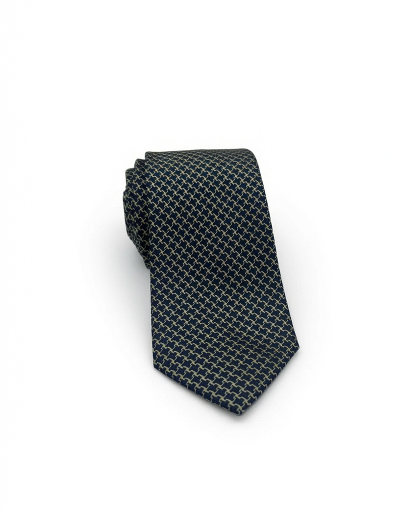 A Navy and Gold Basket-weave Patterned Microfiber Tie from Karako Collecti, rolled up and displayed against a plain white background—an ideal men's suit accessory or wedding tie for any formal occasion.