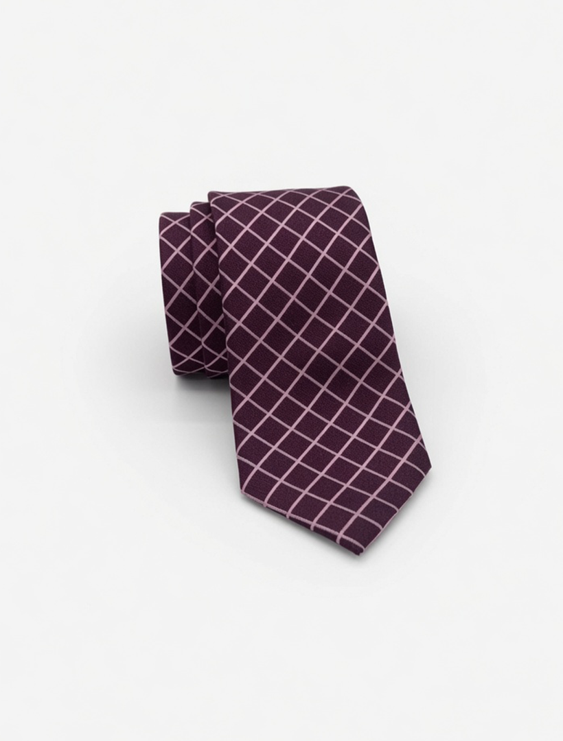A Burgundy with Pink Grid Patterned Microfiber Tie from Karako Collecti is displayed against a plain white background, making it an ideal companion for groomsmen suits.