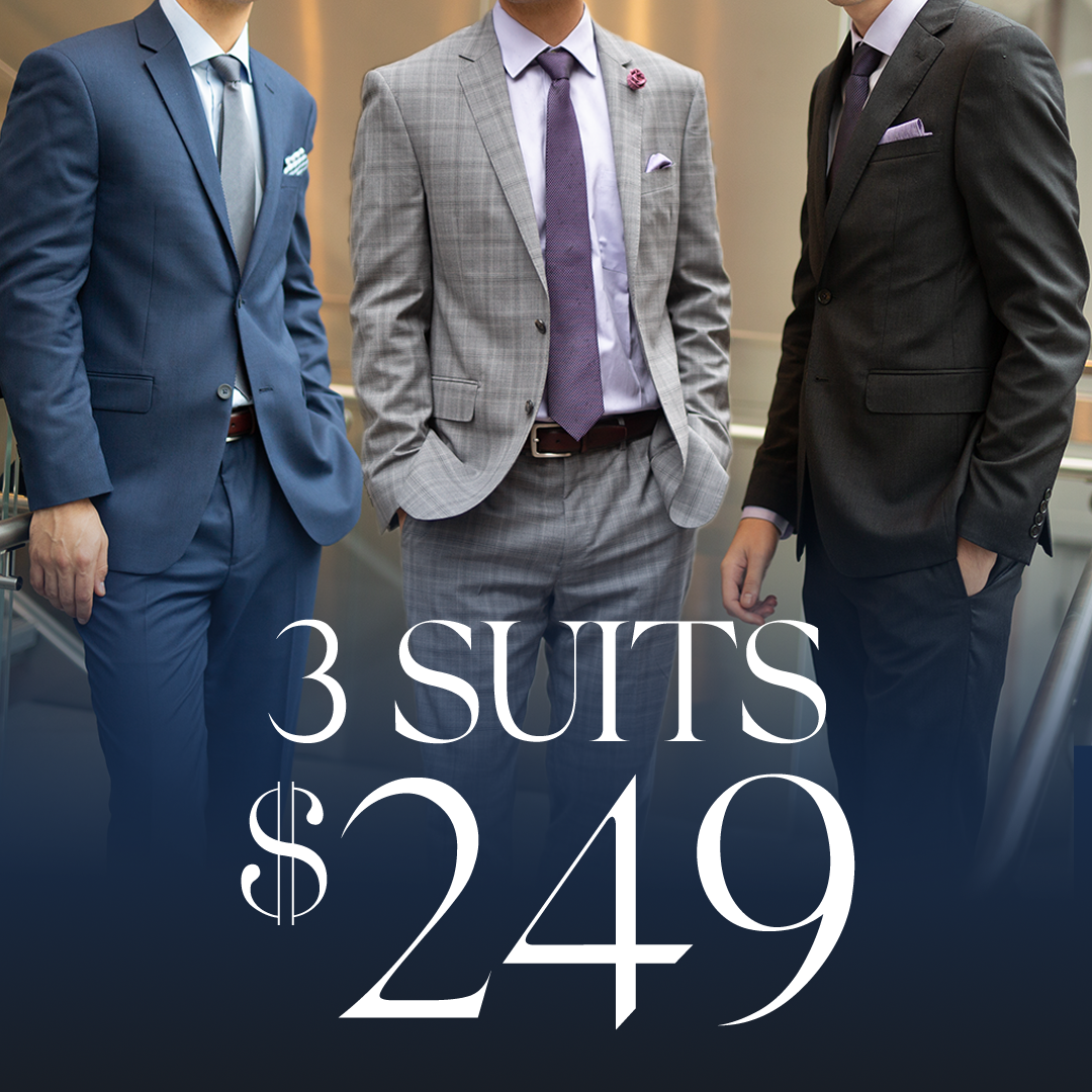 Three men in various suits stand together. Text on image reads: 