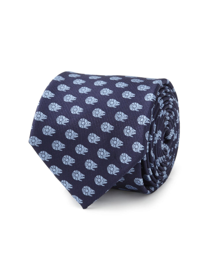 Rolled-up Star Wars Millennium Falcon Blue Tonal Tie in dark blue with a repeating light blue Millennium Falcon pattern.