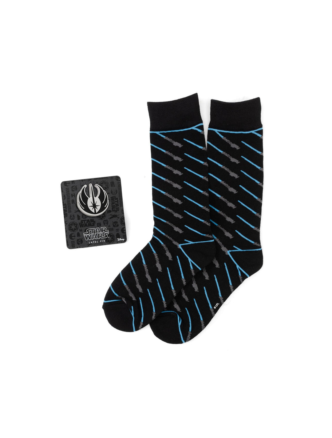 Star Wars Obi-Wan Kenobi Blue LIGHTSABER Pattern Black Dress Socks with Jedi Crest Lapel Pin Gift Set featuring black crew socks with a blue and grey lightsaber pattern and a silver Jedi symbol pin.