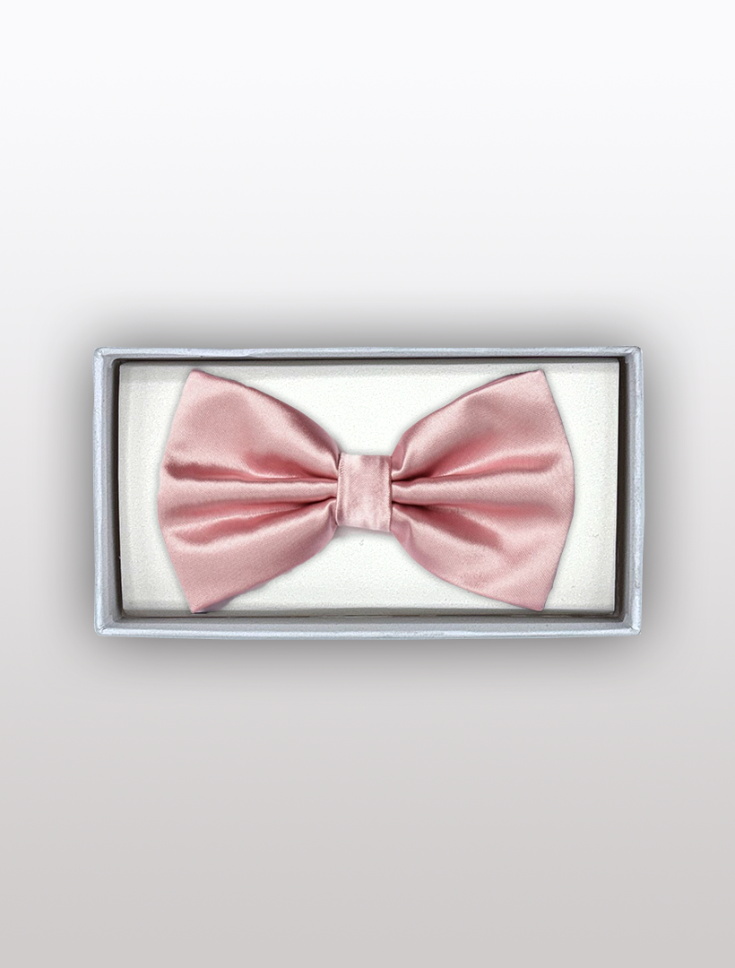 The Karako Collecti Men's Adjustable Pre-Tied Satin Bowtie in Pink is ideal for a formal look and comes presented in a rectangular box with a white interior.