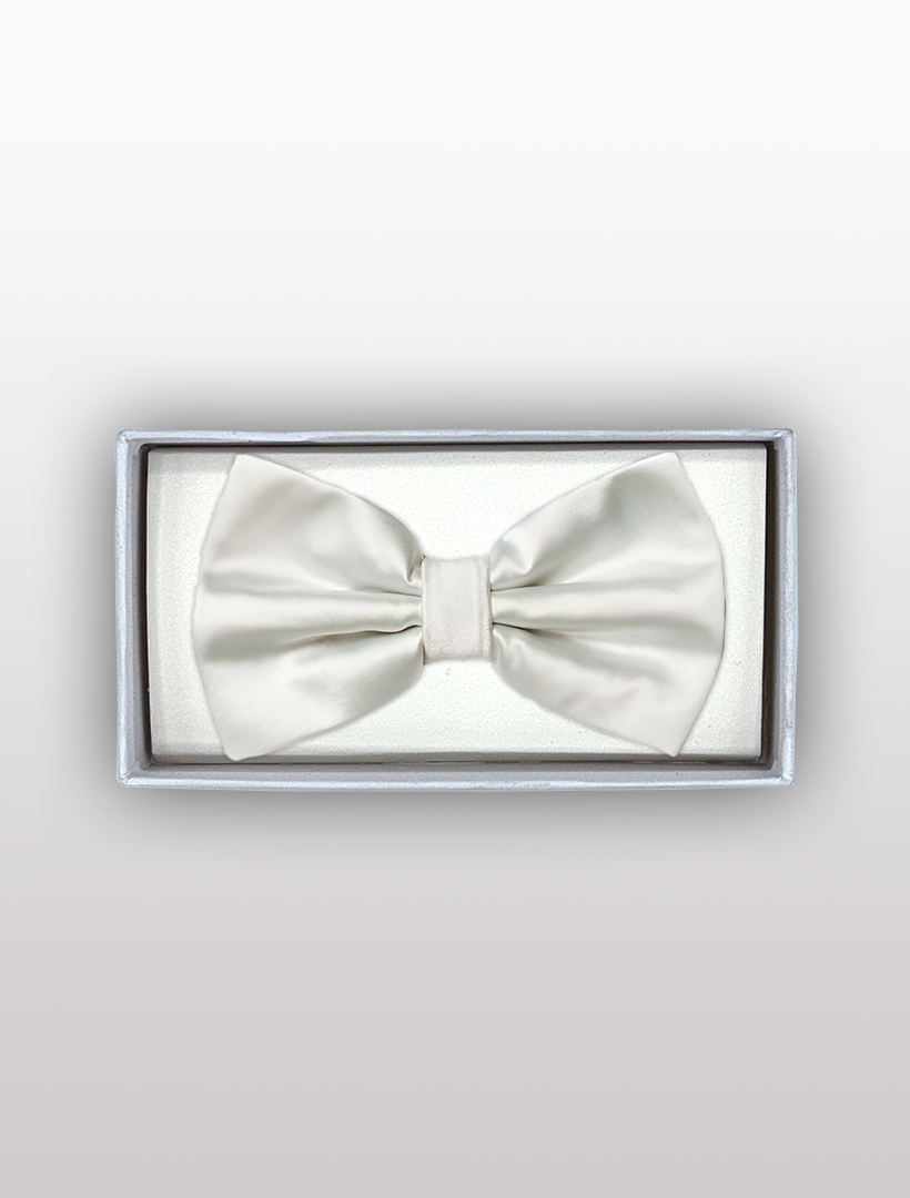 The Mens Adjustable Pre-Tied Satin Bowtie in White by Karako Collecti is elegantly arranged inside a rectangular gift box, making it ideal for any formal occasion.