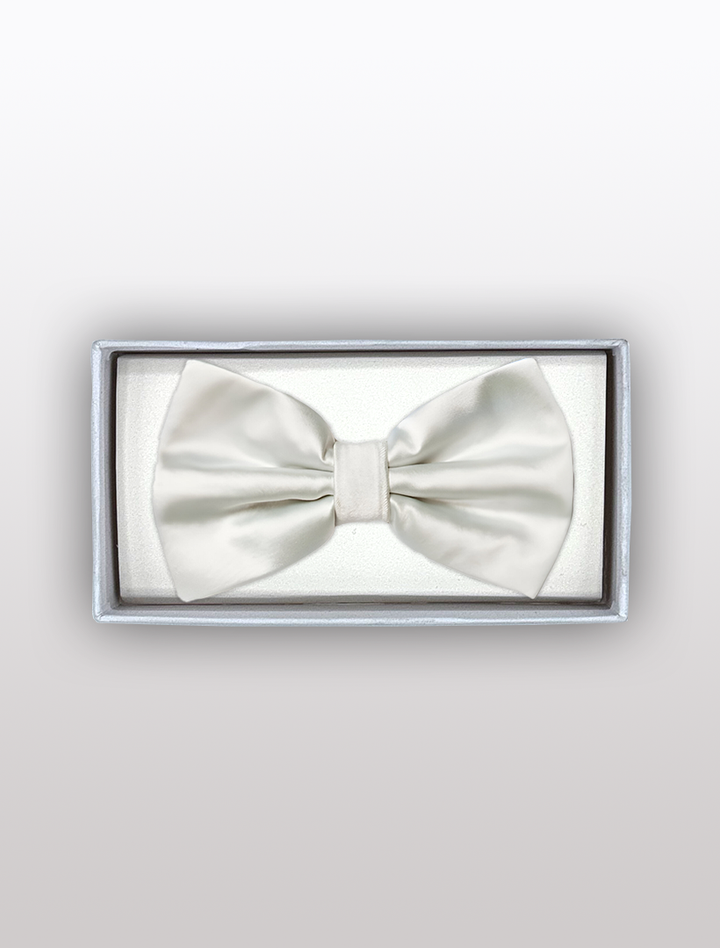 The Mens Adjustable Pre-Tied Satin Bowtie in White by Karako Collecti is elegantly arranged inside a rectangular gift box, making it ideal for any formal occasion.