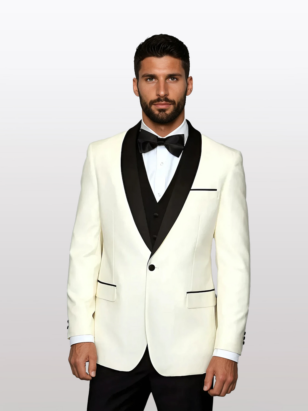 An individual is depicted sporting the Statement Men's Ivory with Black Lapel Vested 100% Wool Tuxedo, featuring a crisp white dress shirt, black bow tie, and sleek black vest.