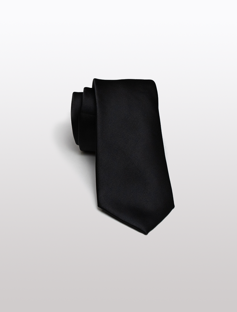 A neatly rolled Black Men's Microfiber Tie by Karako Collecti, set against a light gray background, is perfect for complementing groomsmen suits or as an elegant addition to wedding accessories.