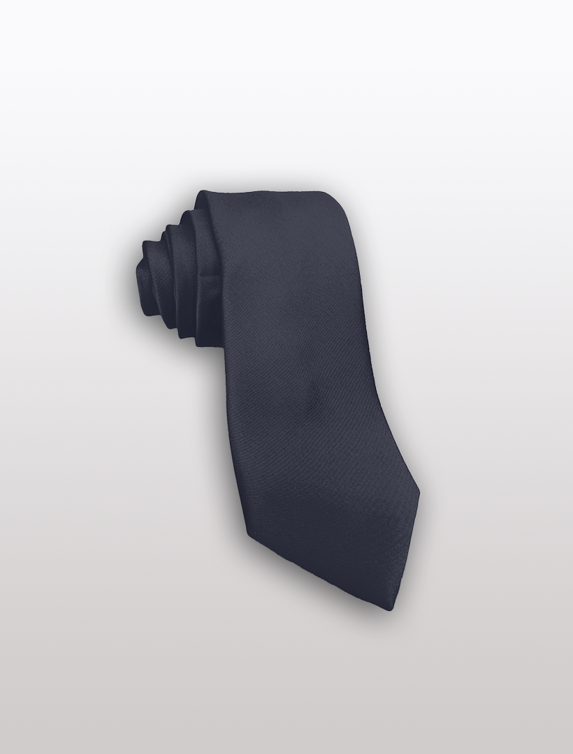 A neatly rolled Navy Men's Microfiber Tie by Karako Collecti sits on a plain white background, adding a touch of sophistication to groomsmen suits.