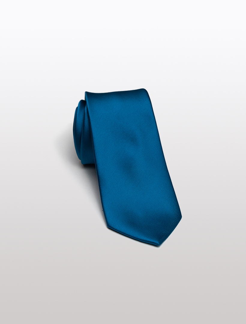 A rolled light blue men's microfiber necktie from Karako Collecti, ideal for enhancing groomsmen suits or a sophisticated wedding ensemble, rests elegantly on a light gray background.