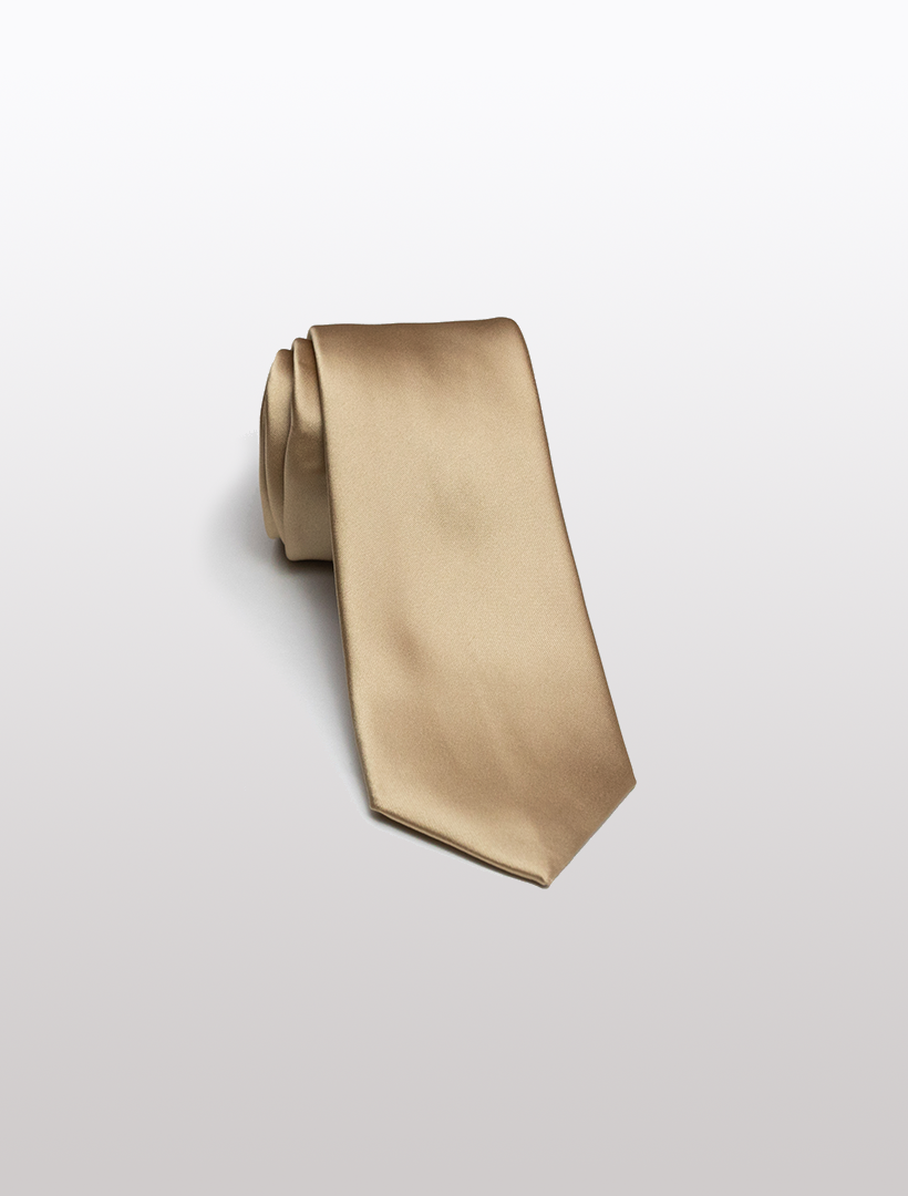 A rolled-up Champagne Men's Microfiber Tie rests elegantly on a plain white background, embodying the sophistication and style synonymous with Karako Collecti.