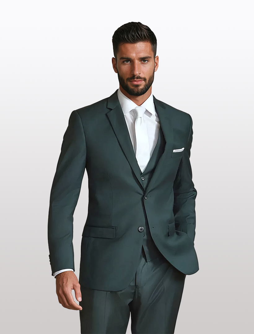 A man in a slim Men's Green Suit Jacket by Couture 1910, with a white shirt and tie, stands confidently against a light background. The high-performance stretch fabric ensures style and comfort all day.