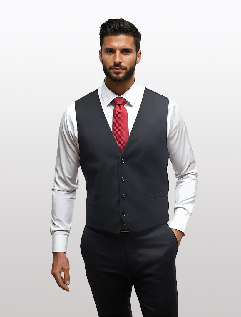 A man in a white dress shirt, red tie, and the Black Men's Slim-Fit Suit Separates Vest by Karako Separate with matching pants stands facing forward against a plain light background.