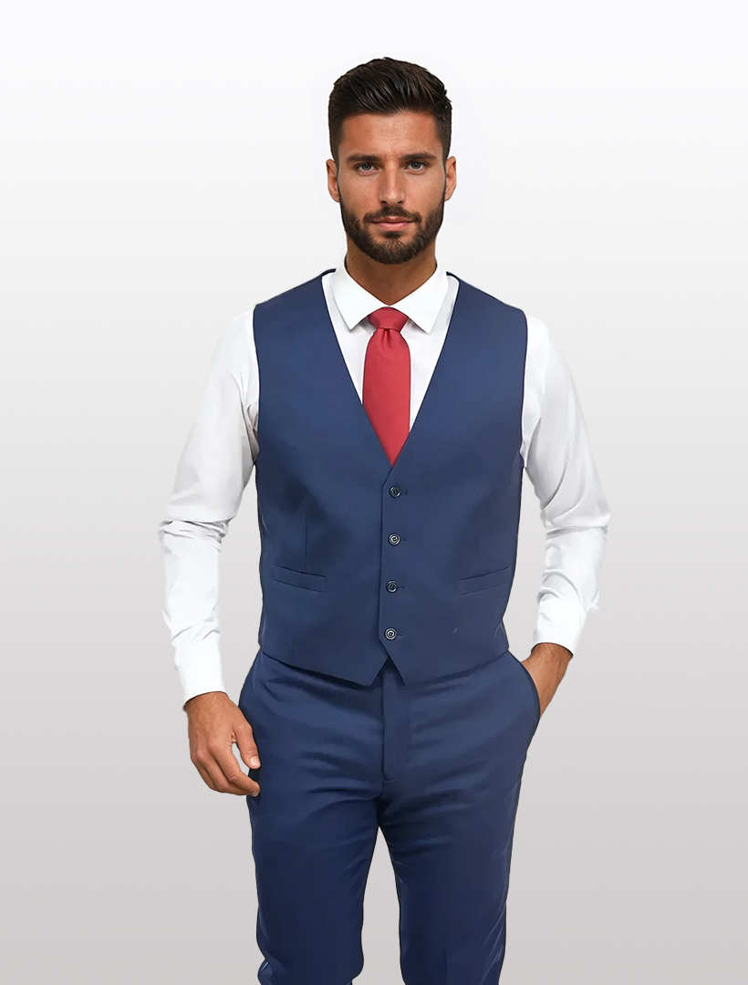 A bearded man stands confidently in a plain setting, donning Karako's Suits blue men's slim-fit suit separates vest paired with a matching jacket and pants, enhanced by high-performance stretch material, along with a red tie and white shirt.
